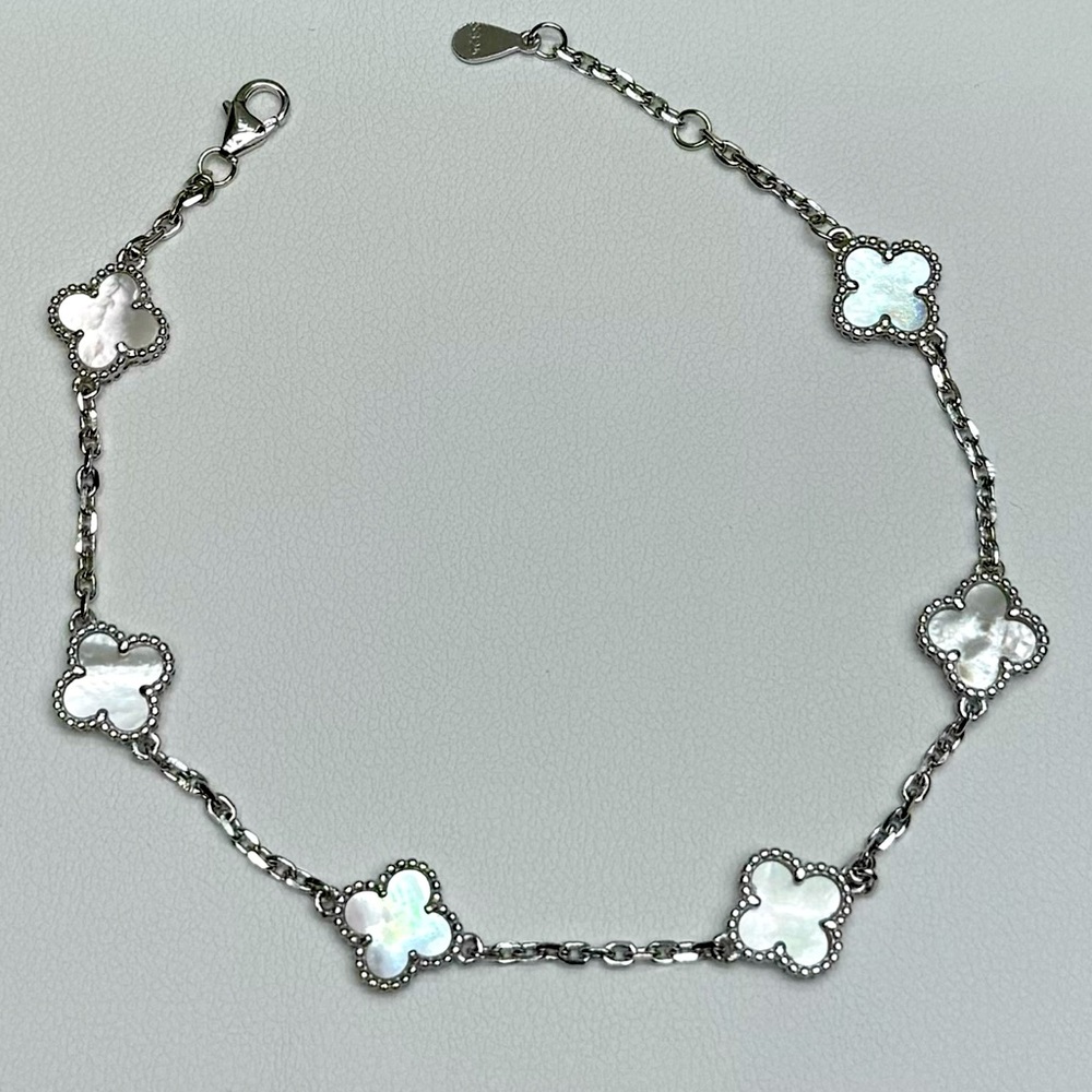 BCL11 White Rainbow Mother of Pearl STATION Dainty Clover Bracelet 18K WG S925
